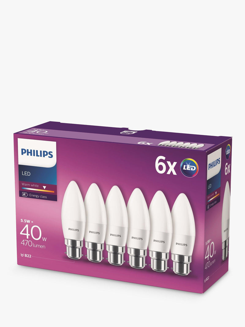 Philips LED light bulb BC candle frosted pack of 6, imported from the UK