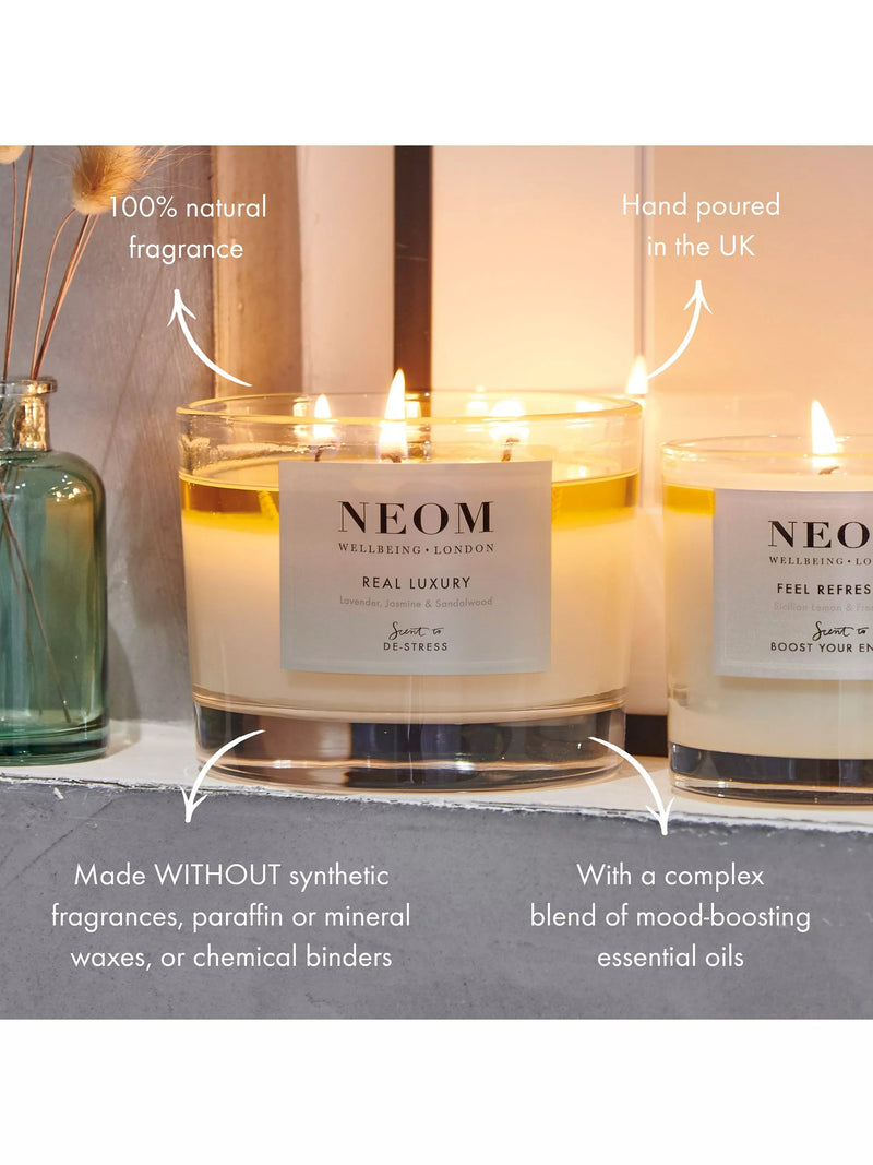 NEOM Real Luxury Travel Scented Candle, imported from the UK