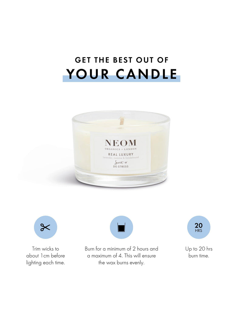NEOM Real Luxury Travel Scented Candle, imported from the UK