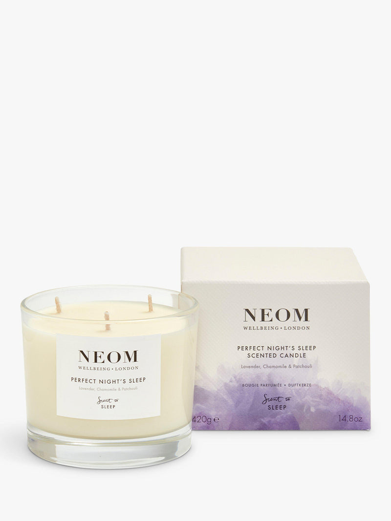 NEOM three wick scented candle for sleep with lavender and jasmine, imported from the UK
