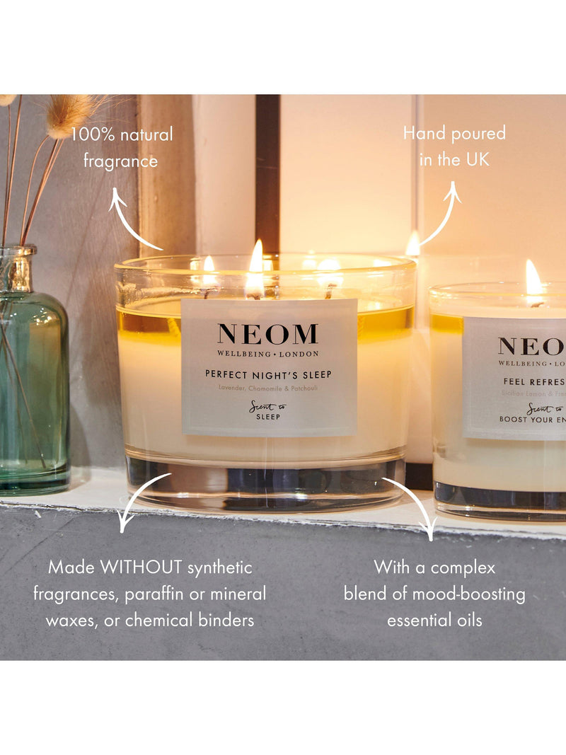 NEOM three wick scented candle for sleep with lavender and jasmine, imported from the UK