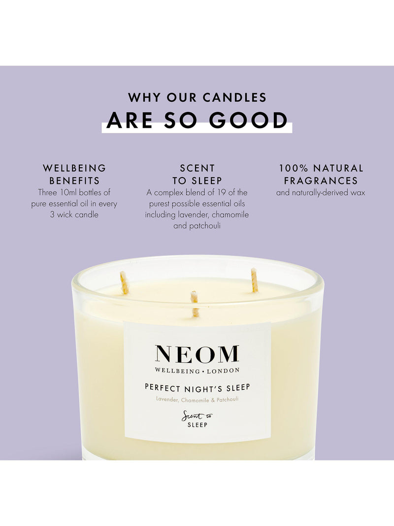 NEOM three wick scented candle for sleep with lavender and jasmine, imported from the UK