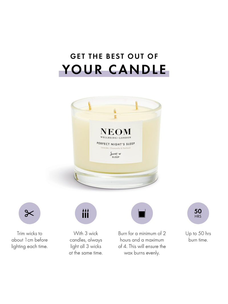 NEOM three wick scented candle for sleep with lavender and jasmine, imported from the UK