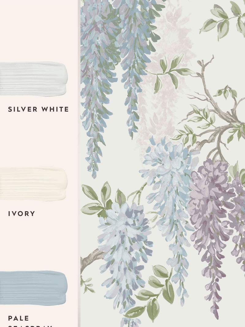 ورق حائط Laura Ashley بلون الخزامى الباهت (Wisteria) بحديقة، 10 أمتار - منتج بريطاني