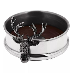 Stag Head Design Pewter Bottle Coaster with Wooden Inlay