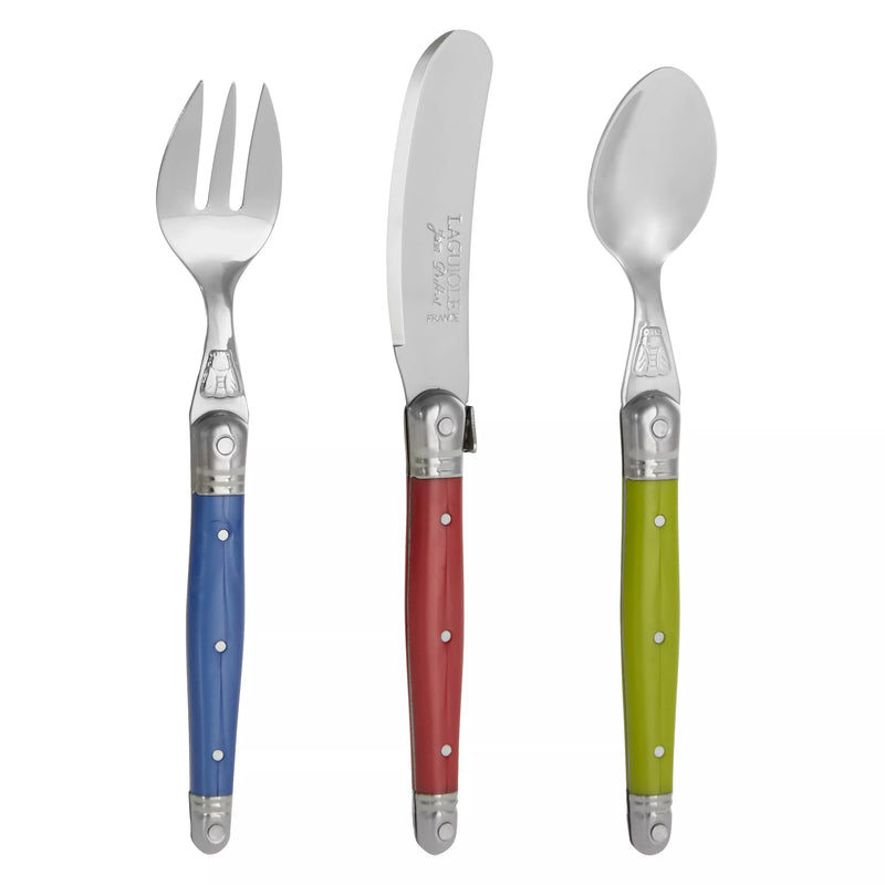 Laguiole children's stainless steel cutlery set with iridescent handles, 3 piece, UK version