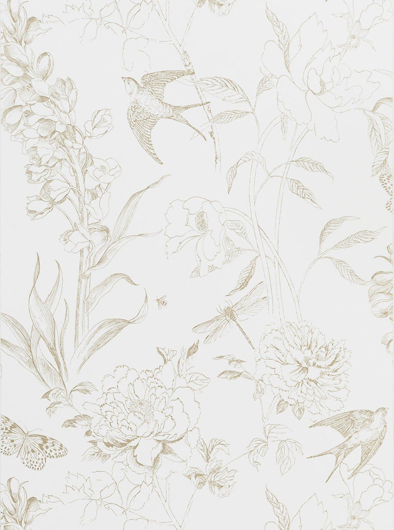 Garden Flower and Butterfly Wallpaper in Gold on Heavyweight Non-Woven Grounds