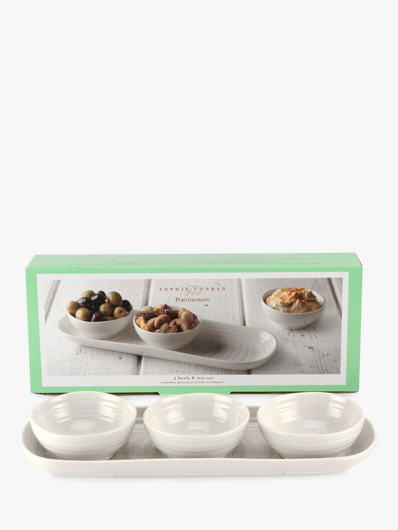 Portmeirion porcelain dip bowls set with tray, 3-piece, white (British brand)