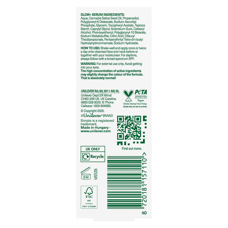 Simple Glow+ Serum 10% Vitamins C+E+F 30ml, imported from the UK