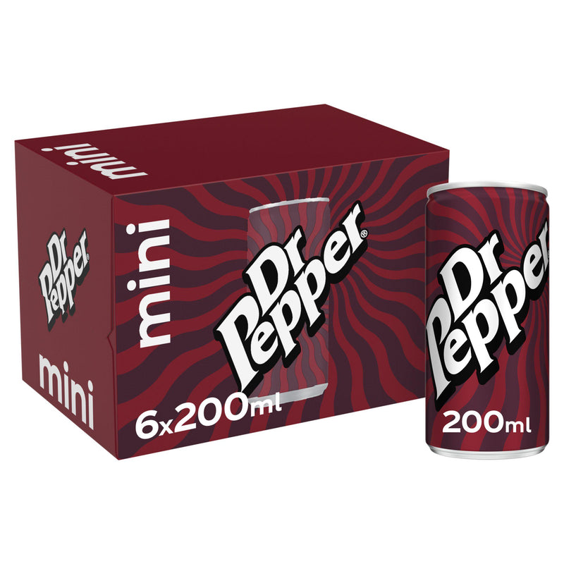 Dr Pepper soft drink 6 x 200ml cans, imported from the UK