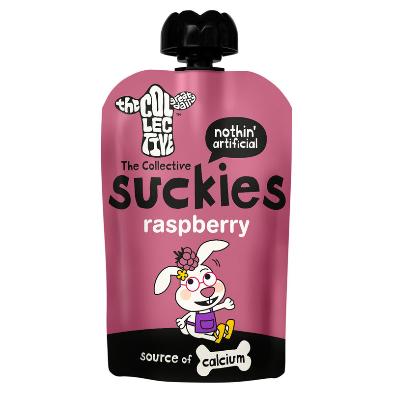 The Collective Suckies raspberry kids yoghurt pouch 90g, imported from the UK