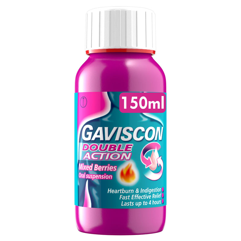 Gaviscon Double Action mixed berries oral suspension 150ml, imported from the UK