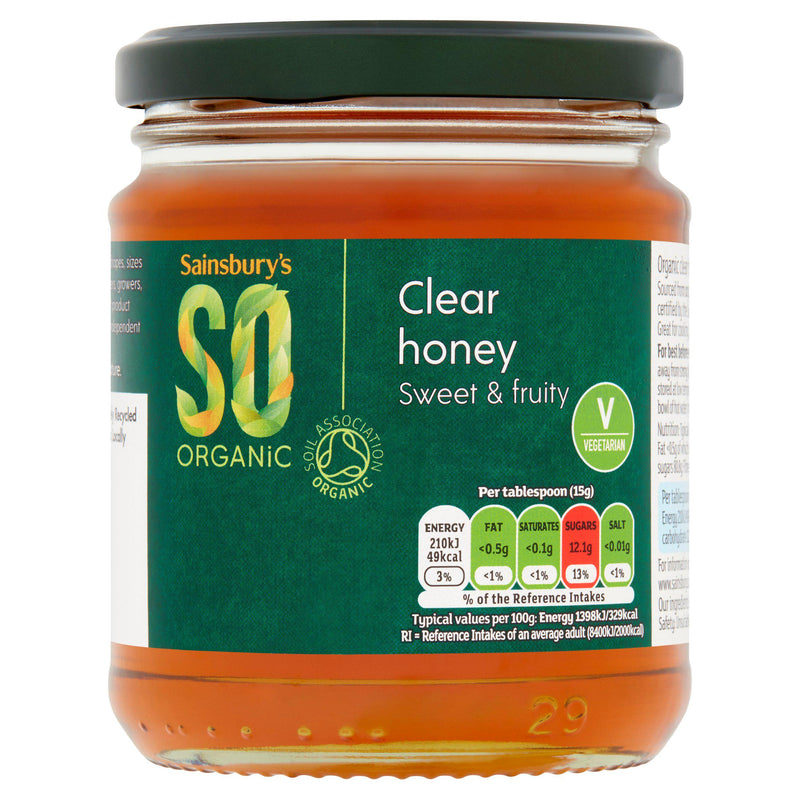 Sainsbury's organic clear honey 340g jar, imported from the UK