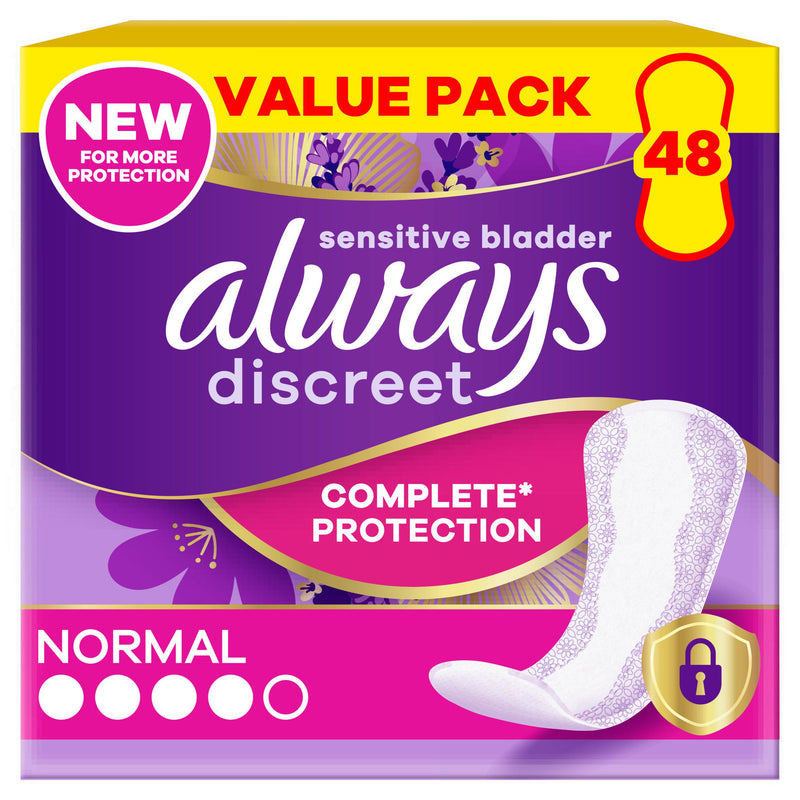 Always Discreet incontinence normal panty liners 48 count, imported from the UK