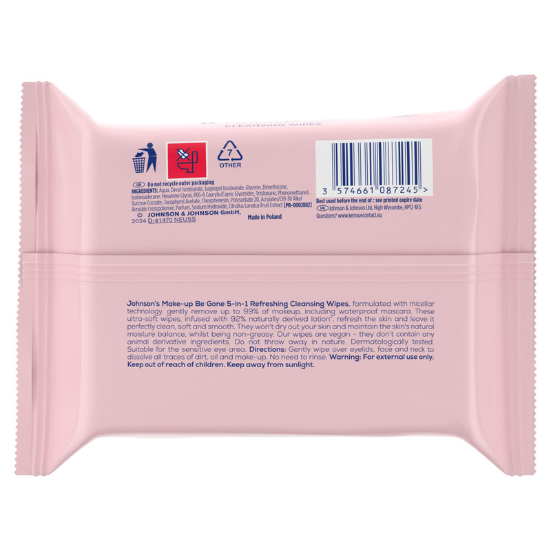 Johnson's Refreshing facial wipes 25-pack, UK version