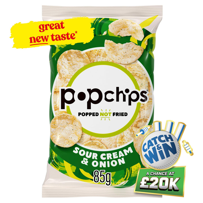 Popchips sour cream and onion crisps 85g, imported from the UK