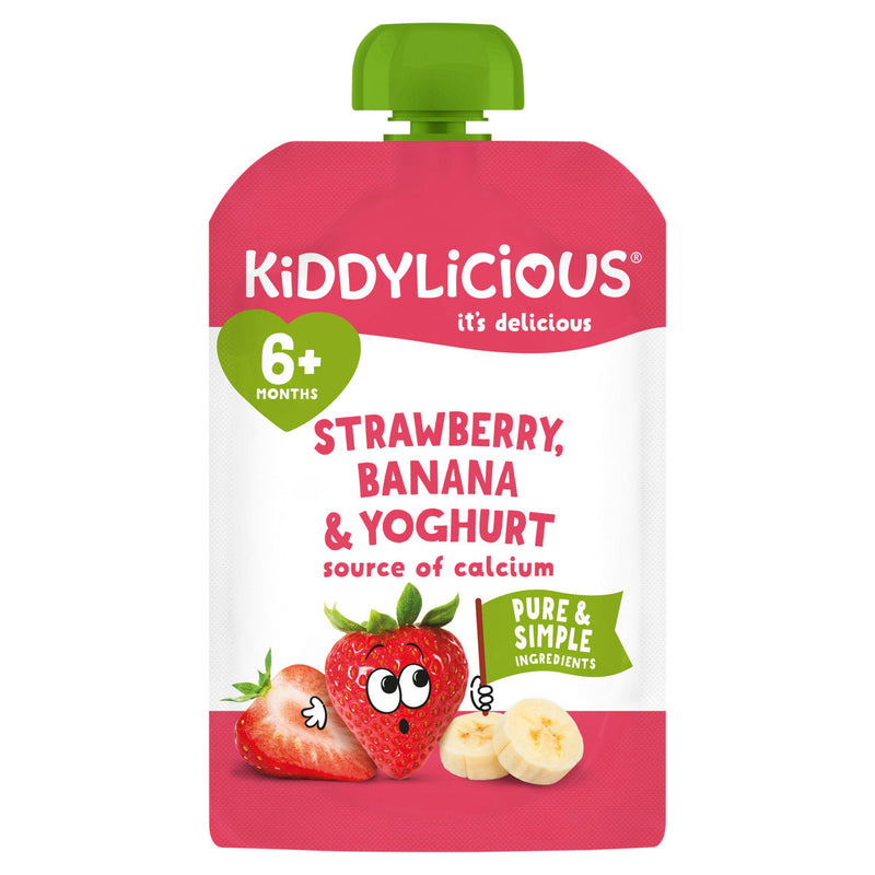 Kiddylicious baby food pouch strawberry banana yoghurt 100g, imported from the UK