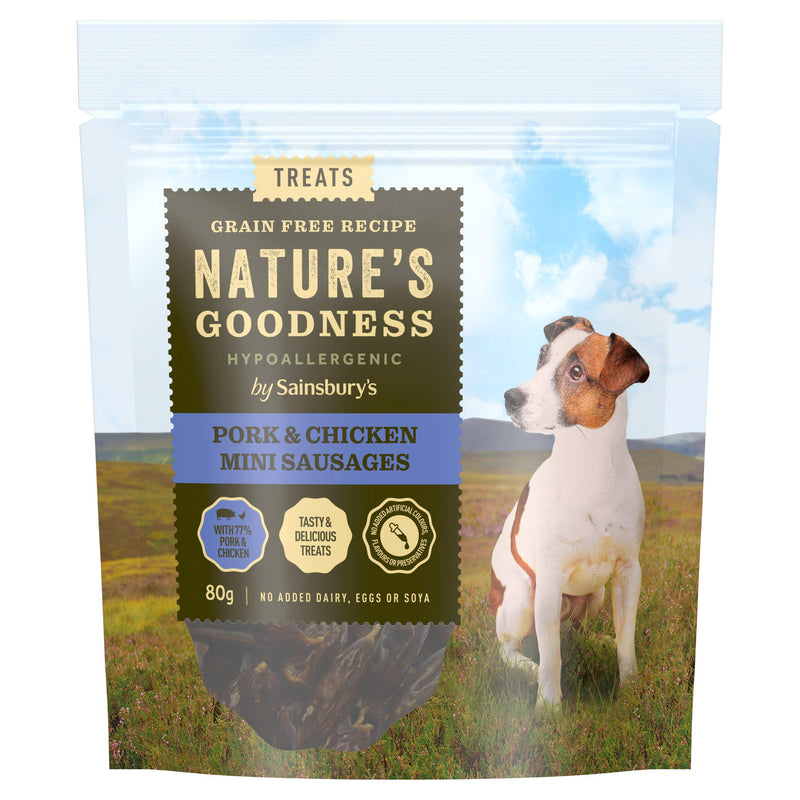 Sainsbury's pork and chicken mini sausages dog treats 80g, imported from UK