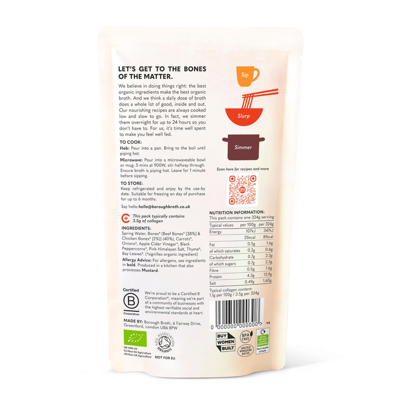 Borough Broth grass fed organic beef bone broth 324g (British brand)