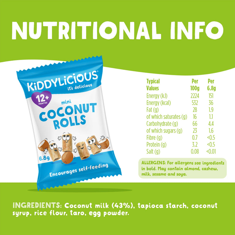Kiddylicious mini coconut rolls baby snack 8x7g, imported from the UK