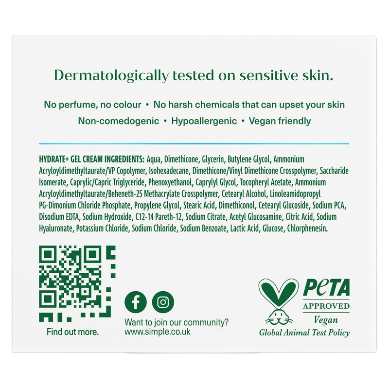 Simple Hydrate+ Gel Cream facial moisturiser 50ml (British brand)
