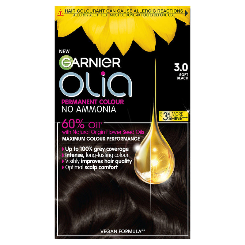 Garnier Olia permanent hair dye Soft Black 3.0 (British brand)