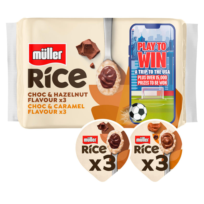 Müller rice pudding chocolate hazelnut caramel multipack, imported from the UK