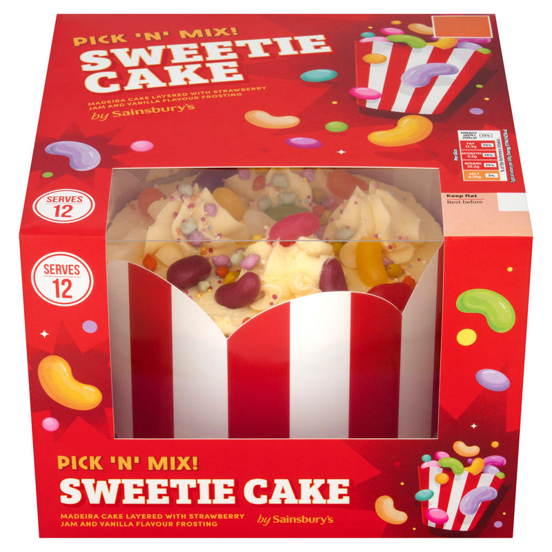 Sainsbury's sweetie cake decorated with sweets and sprinkles (British brand)