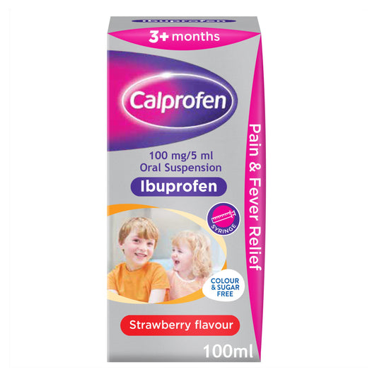 Calprofen 100mg/5ml Oral Suspension Ibuprofen Strawberry Flavour 3+ Months 100ml GOODS Sainsburys   