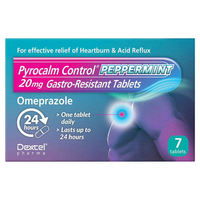Dexcel Pharma Pyrocalm Control peppermint flavoured omeprazole tablets - British product