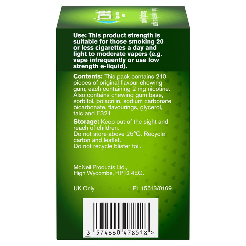 Nicorette gum original flavour 2mg 210 pieces, imported from the UK