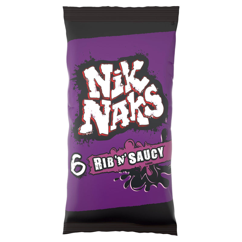 Nik Naks Rib 'N' Saucy Corn Snack Multipack x6, imported from the UK