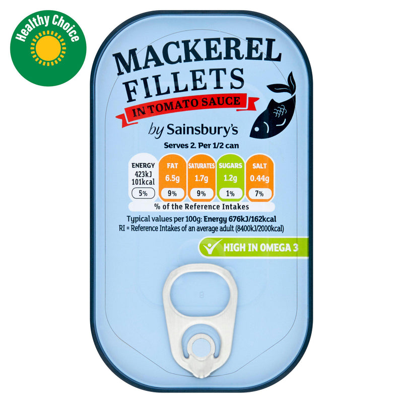 Sainsbury's mackerel fillets in tomato sauce 125g, imported from the UK
