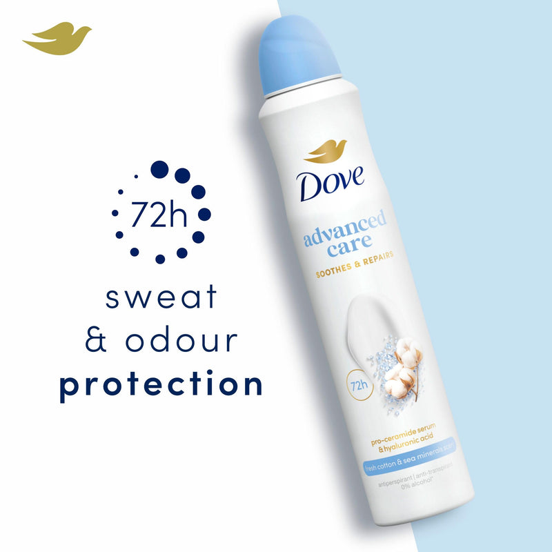 Dove Advanced Care Fresh Cotton antiperspirant aerosol spray 200ml, imported from the UK
