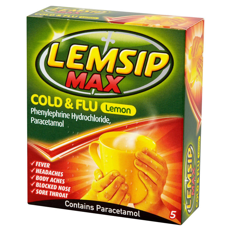 Lemsip Max cold flu lemon sachets 5 pack, imported from the UK