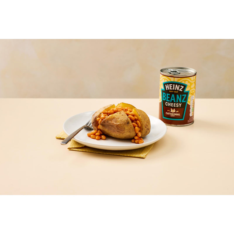 Heinz cheesy baked beans with Cathedral City cheddar 390g, imported from the UK