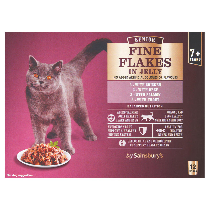 Sainsbury's senior cat food fine flakes selection 12x100g, imported from the UK