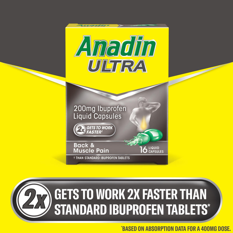 Anadin Ultra ibuprofen pain relief liquid capsules 16 pack, UK version