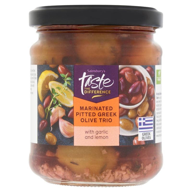 Sainsbury's marinated pitted Greek olive trio 190g, UK version