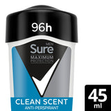 Sainsburys Sure Men Maximum Protection Anti-Perspirant Cream Stick Deodorant Clean Scent 45ml- Buy online at McGrocer