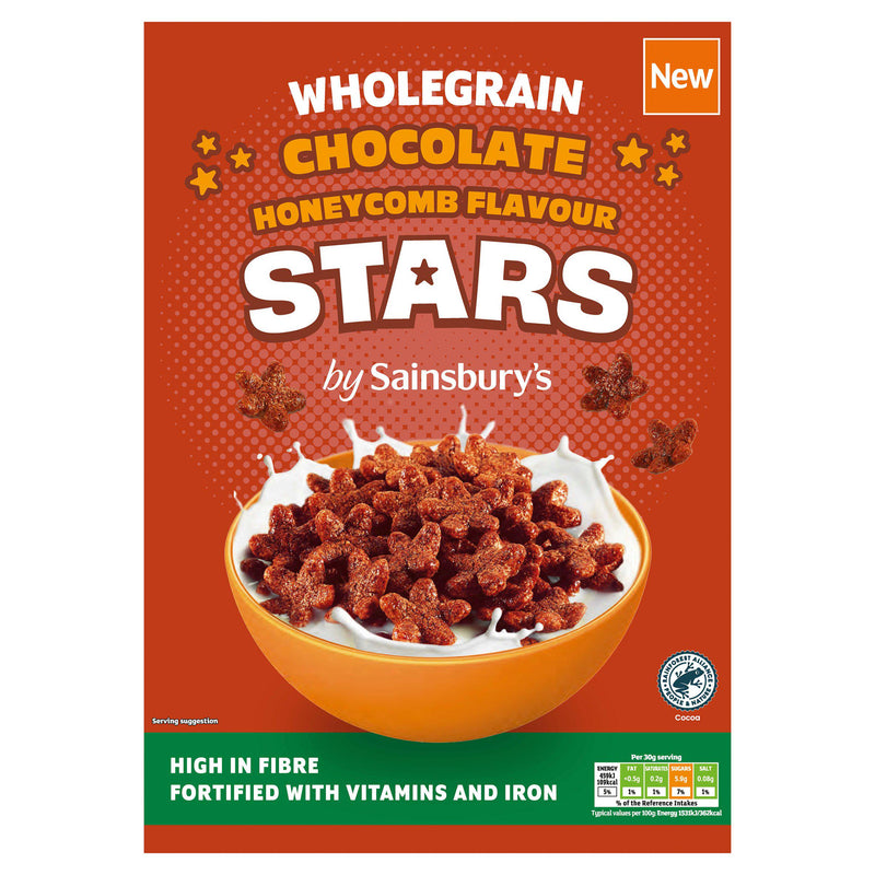 Sainsbury's chocolate honeycomb stars cereal 375g, imported from the UK