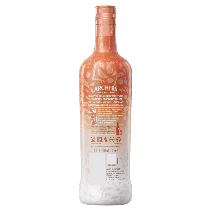 Archers peach schnapps liqueur 70cl, imported from the UK