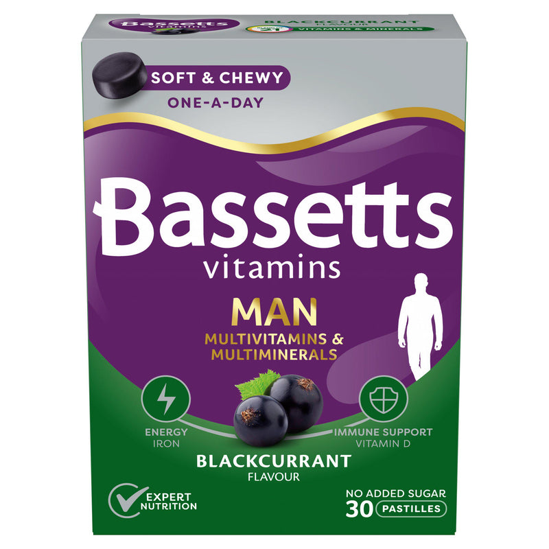 Bassetts Men Multivitamin Pastilles Blackcurrant 30 pack, imported from the UK