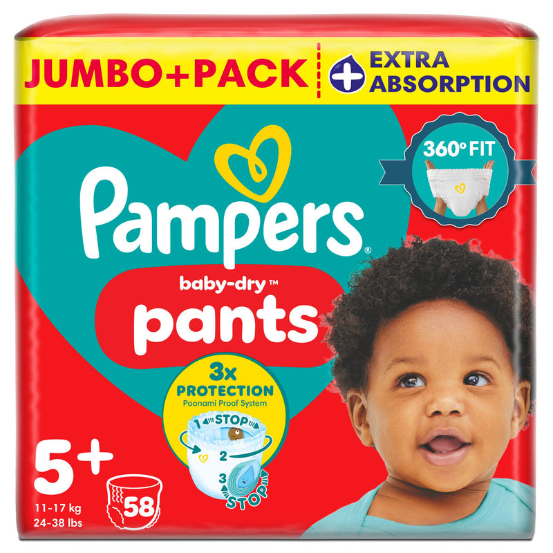 Pampers Baby Dry Nappy Pants 5+ 58 pack, imported from the UK
