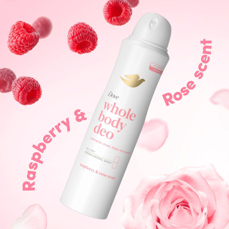 Dove whole body deodorant spray raspberry and rose 150ml (British brand)