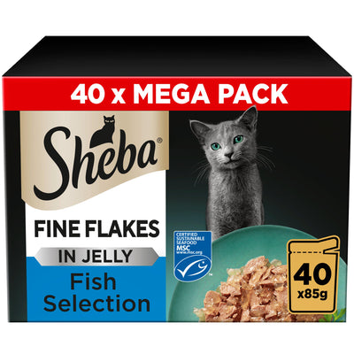 Sainsburys Sheba Fine Flakes Fish in Jelly Wet Cat Food Pouches 40 x 85g- Buy online at McGrocer
