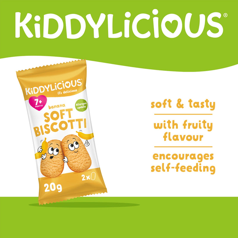 Kiddylicious banana soft biscotti baby snacks 6x20g, imported from the UK