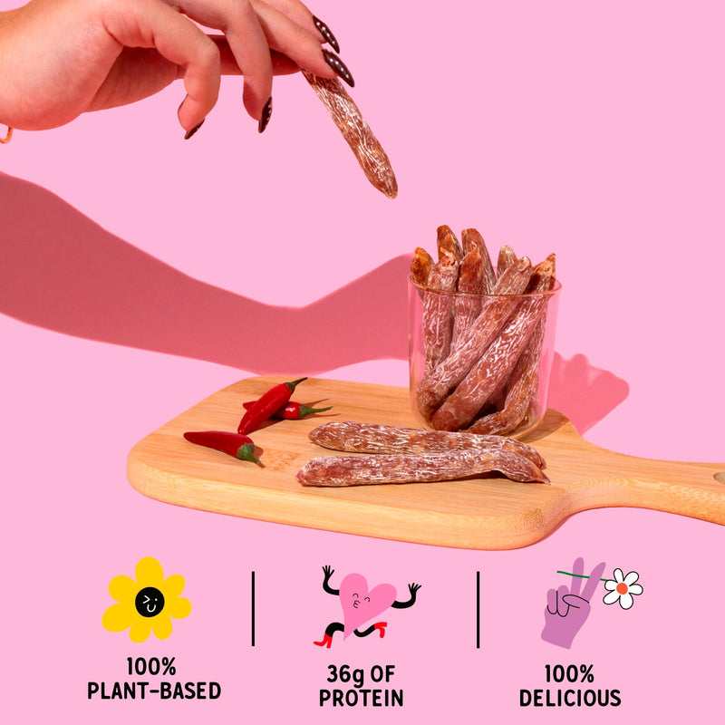 La Vie spicy salami sticks vegan 75g, imported from the UK