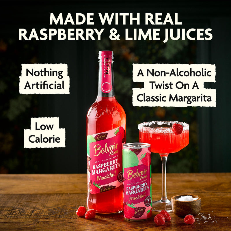 Belvoir Farm non-alcoholic raspberry margarita mocktail, imported from the UK