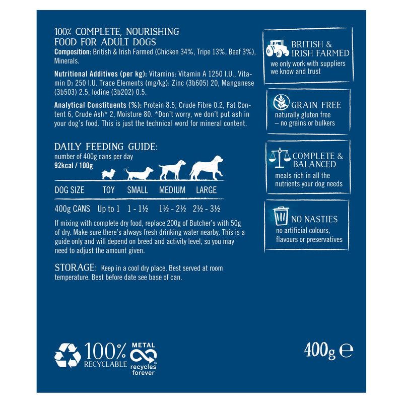 Butcher's tripe wet dog food 400g can, imported from the UK